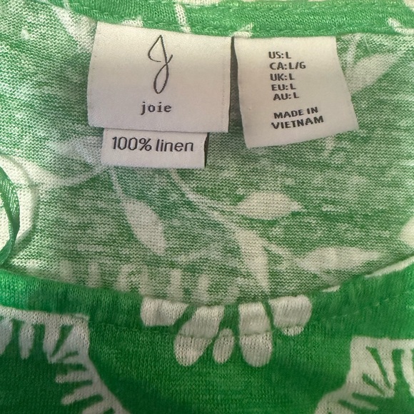 Joie 100% Linen Green Print Cap Sleeve Shirt Women’s Size Large - Picture 3 of 7